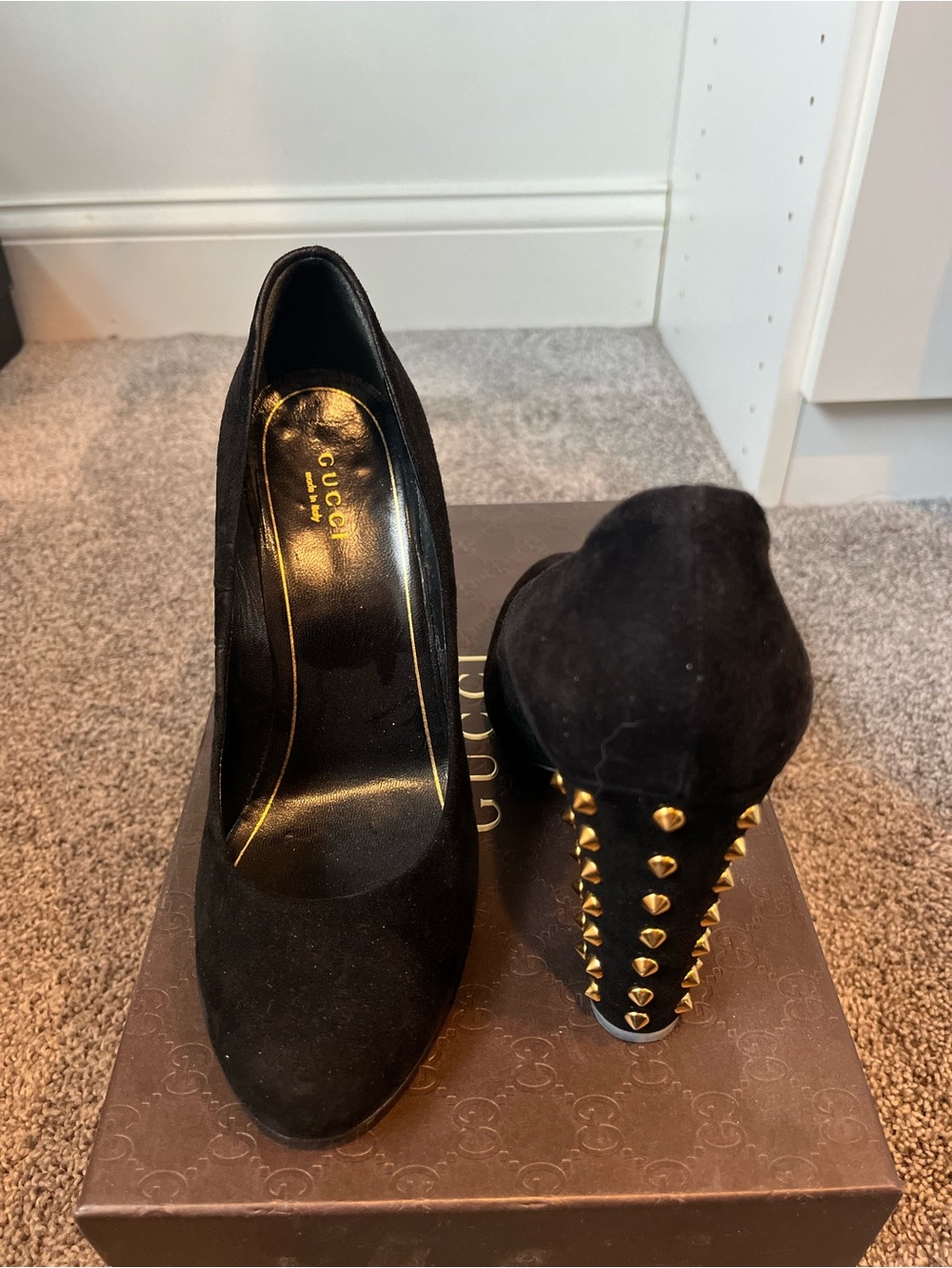Gucci Black Suede Pumps with Gold Studded Heels